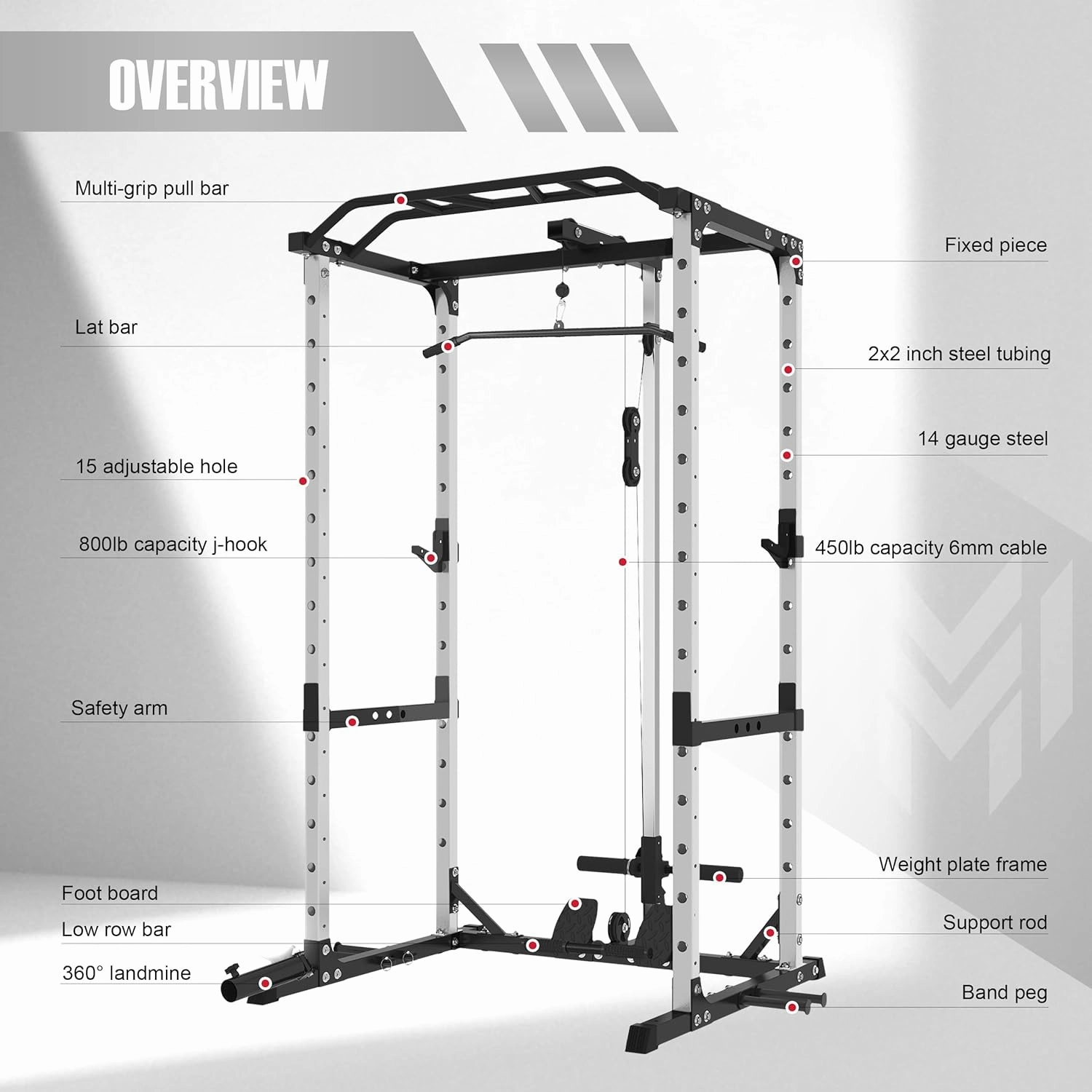 Power Cage, 1600LB Power Rack with 30mm Multi-Grip Pull-Up Bar, Squat Pad & 10  Training Attachments, Multi-Function Squat Rack with LAT Pulldown System