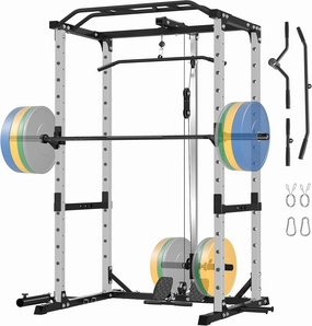 Power Cage, 1600LB Power Rack with 30mm Multi-Grip Pull-Up Bar, Squat Pad & 10  Training Attachments, Multi-Function Squat Rack with LAT Pulldown System