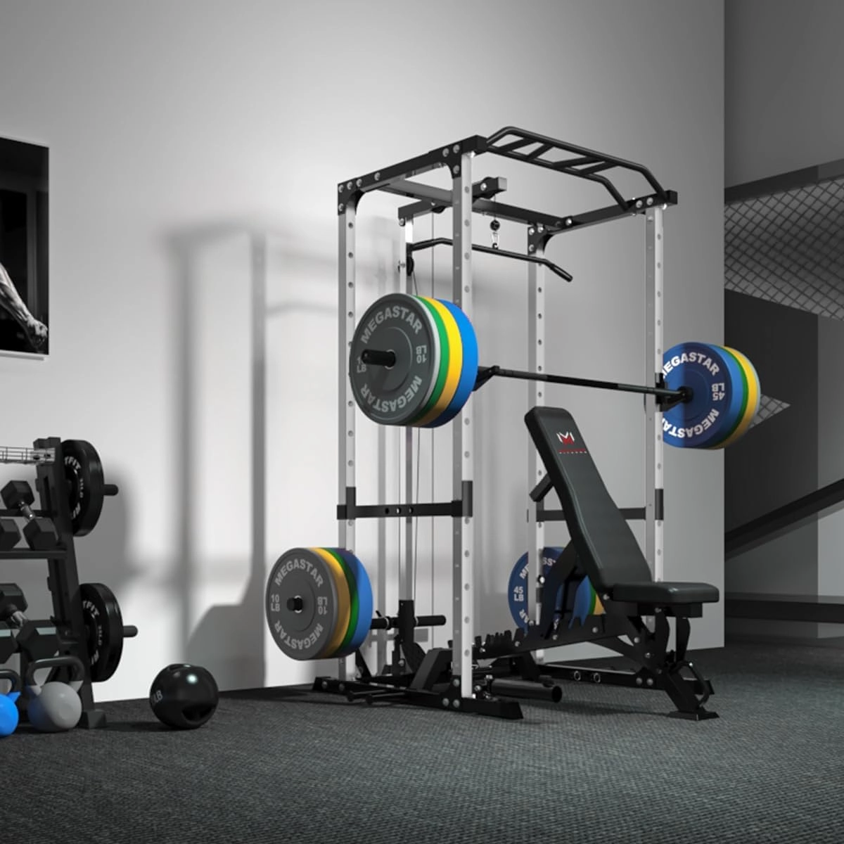 Power Cage, 1600LB Power Rack with 30mm Multi-Grip Pull-Up Bar, Squat Pad & 10  Training Attachments, Multi-Function Squat Rack with LAT Pulldown System