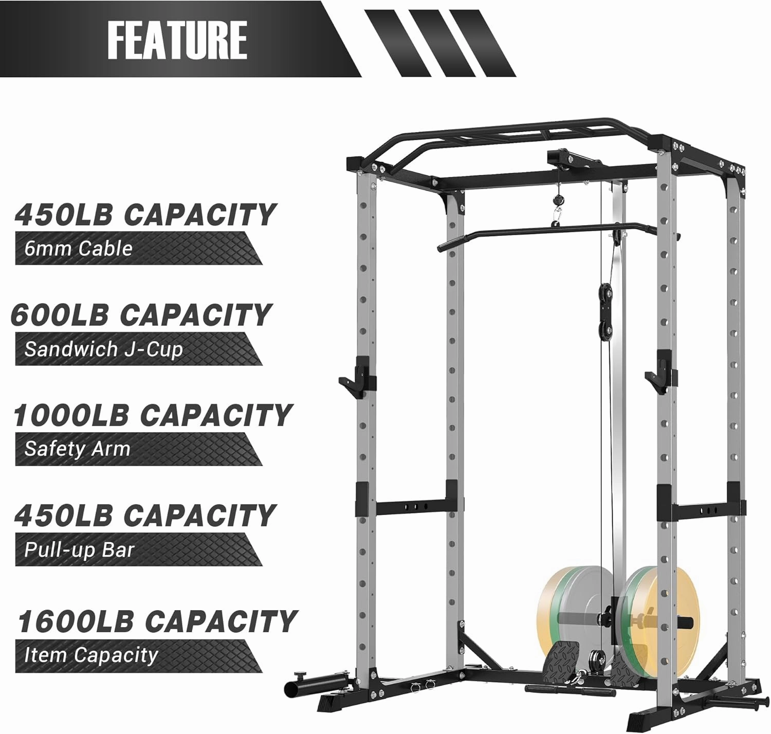 Power Cage, 1600LB Power Rack with 30mm Multi-Grip Pull-Up Bar, Squat Pad & 10  Training Attachments, Multi-Function Squat Rack with LAT Pulldown System