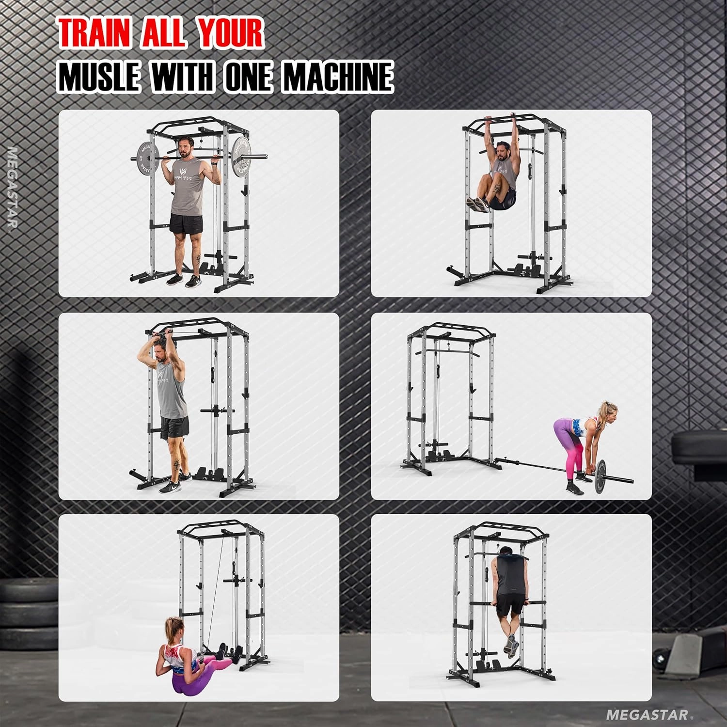 Power Cage, 1600LB Power Rack with 30mm Multi-Grip Pull-Up Bar, Squat Pad & 10  Training Attachments, Multi-Function Squat Rack with LAT Pulldown System