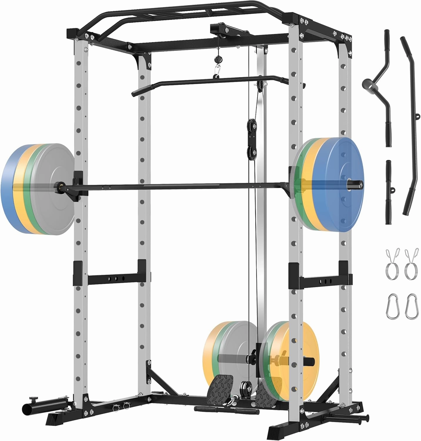 Power Cage, 1600LB Power Rack with 30mm Multi-Grip Pull-Up Bar, Squat Pad & 10  Training Attachments, Multi-Function Squat Rack with LAT Pulldown System