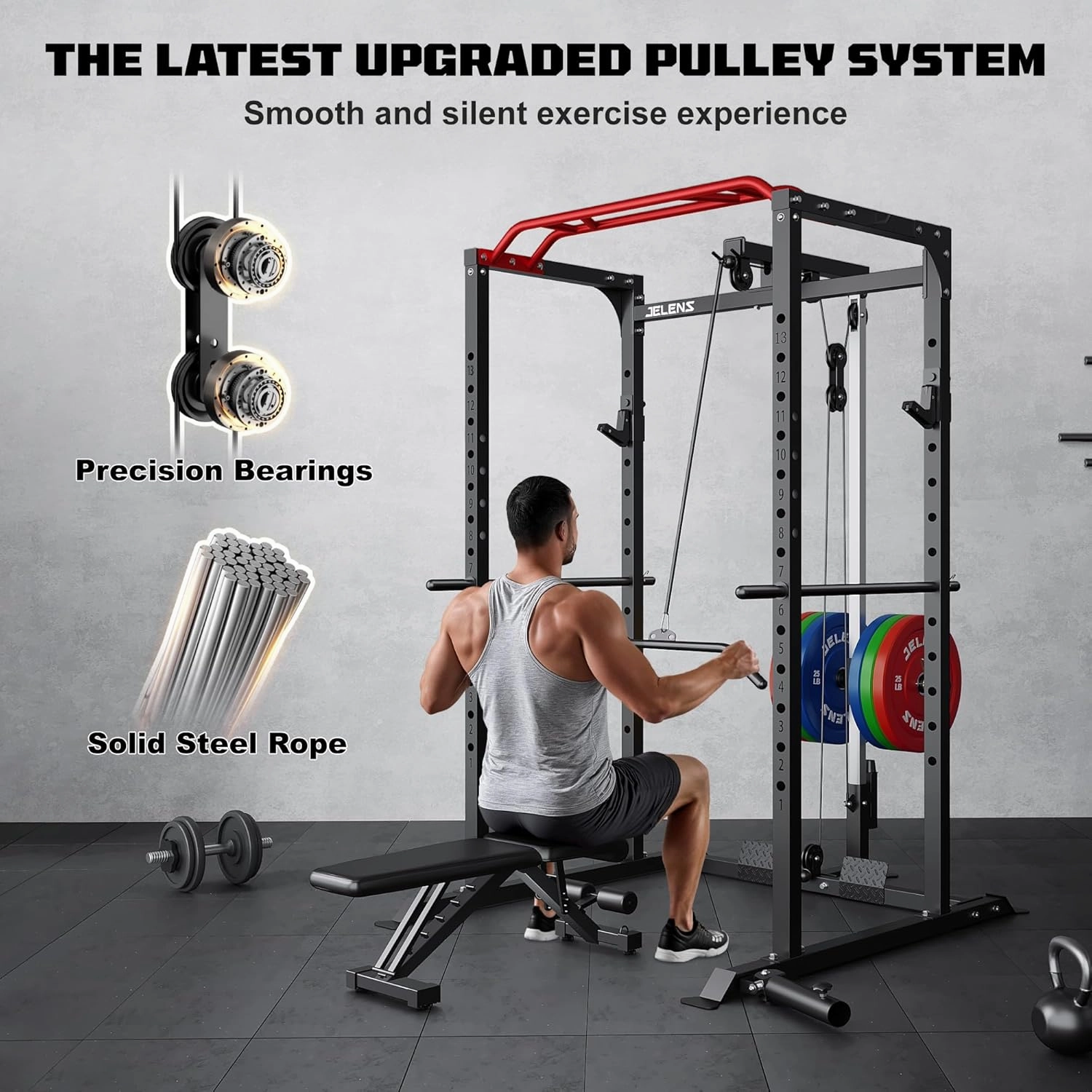 Power Cage, 2000LBS Multi-Function S11 Power Rack with LAT Pulldown, Squat Rack with Adjustable Pulley System and More Training Attachments, Weight Workout Machine for Home Gym
