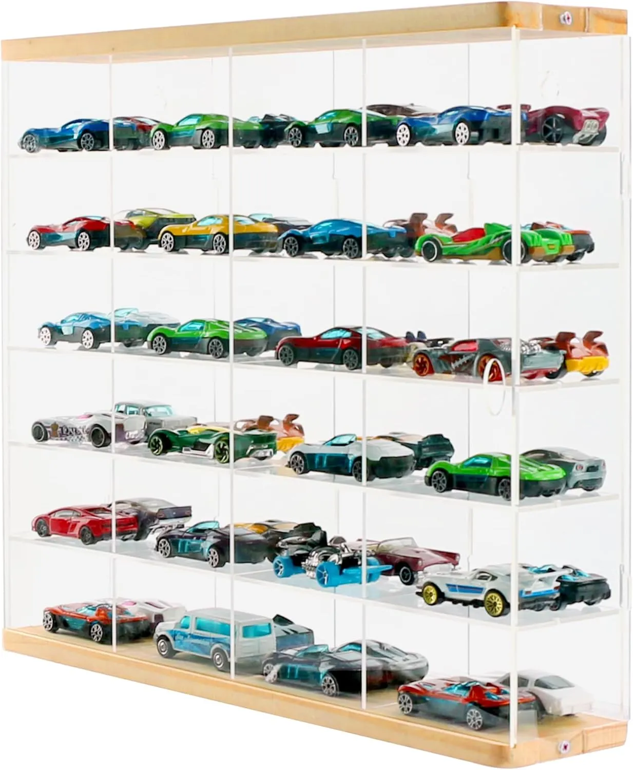Premium Toy Cars Display Case with Sliding Door, Acrylic and Solid Wood Toy Cars Storage and Organizer – Holds Up to 48 Toy Cars, Easy Assembly Toy Cars Display for Collectors (Transparent)