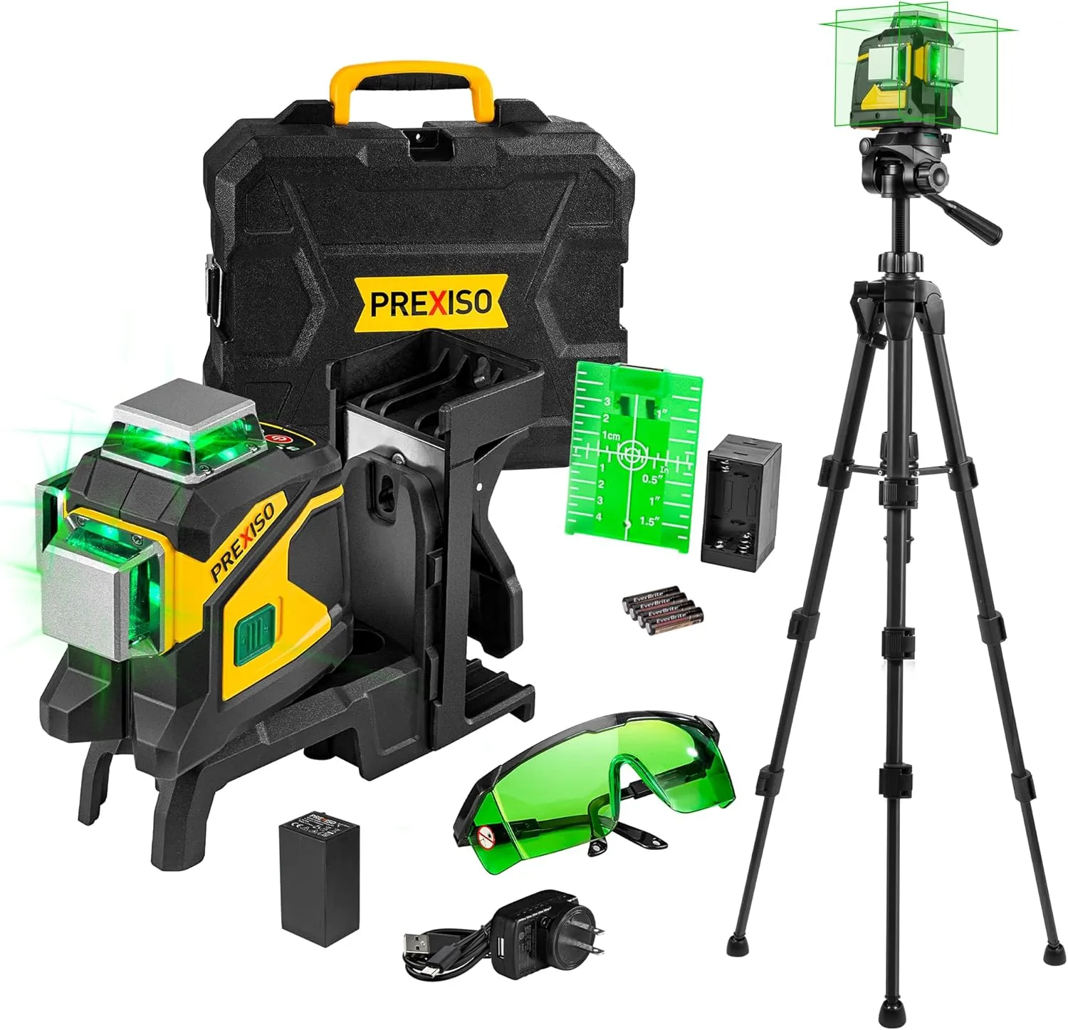 PREXISO Laser Level 3 X 360° Self Leveling with 47 Inch Tripod, Rechargeable 100 Ft Green Lazer Leveler Tool for Construction, Tile, Home Renovation with Magnetic Base, Battery Adapter, Accessories