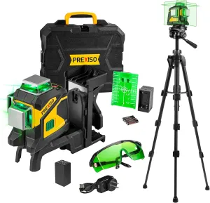PREXISO Laser Level 3 X 360° Self Leveling with 47 Inch Tripod, Rechargeable 100 Ft Green Lazer Leveler Tool for Construction, Tile, Home Renovation with Magnetic Base, Battery Adapter, Accessories
