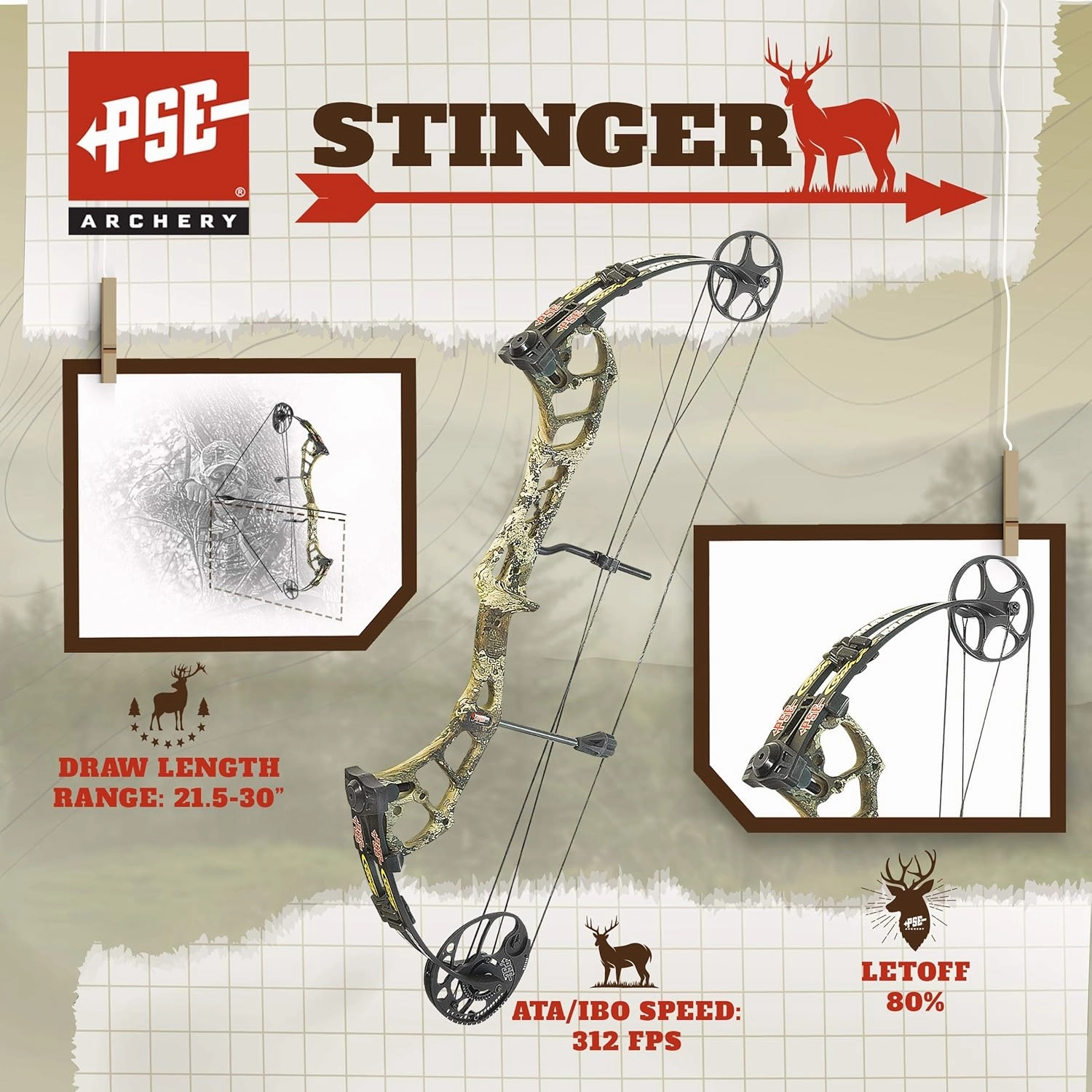 PSE ARCHERY Stinger Max Pro Compound Bow- Draw Range 21 ½”- 30”- Draw 55-70 Pull- Up to 312 fps- Made in USA- w String Stop
