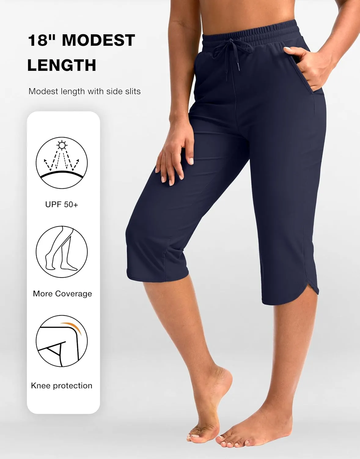 Pudolla Women's Swim Capris 18" Quick Dry UPF50  Swimsuit Pants Long Board Shorts for Women with Pockets
