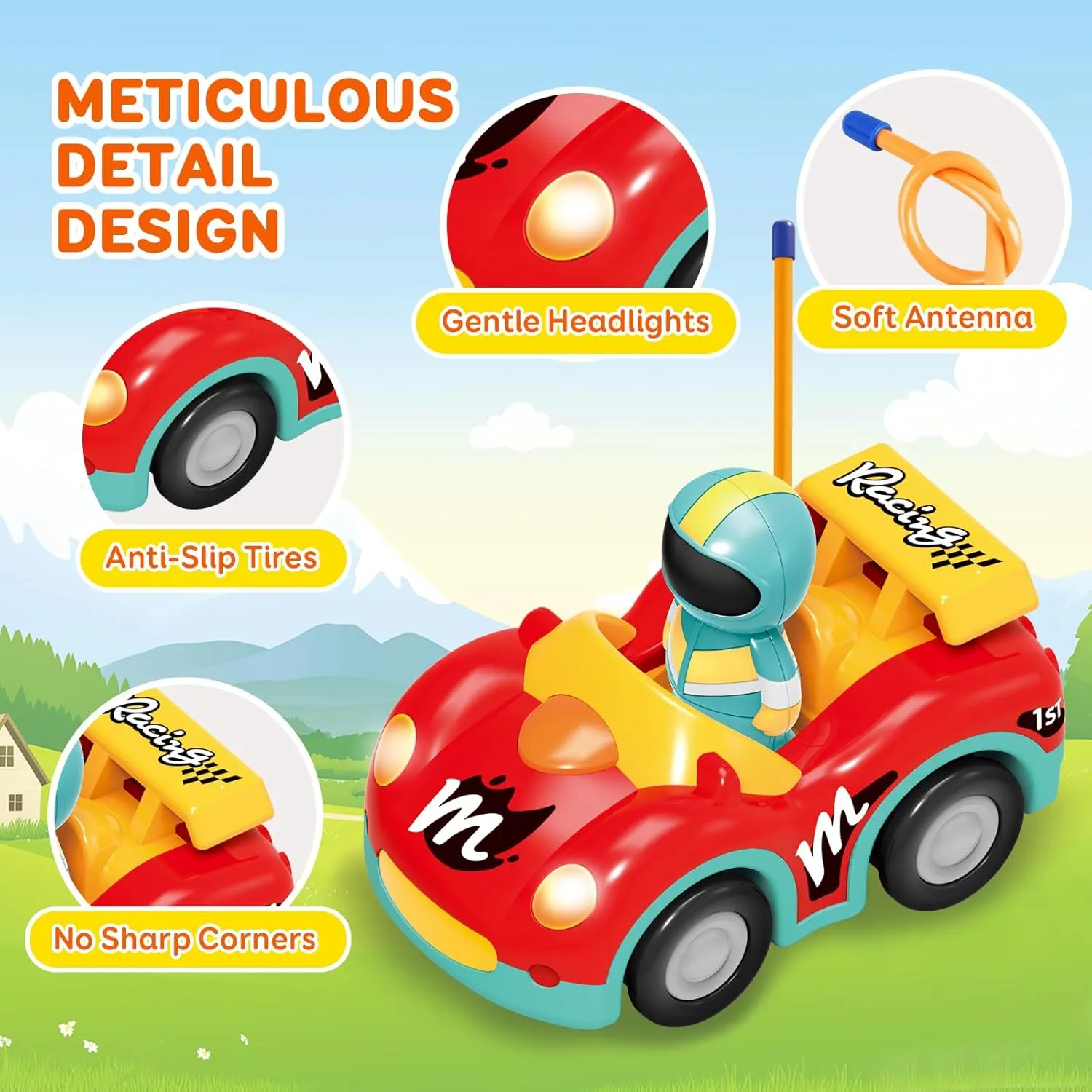 Pup Go Toddler RC Cartoon Race Car with Music and Lights, 2 Removable Interchangeable Dolls, First Remote Control Racing Car, 18 Months Red