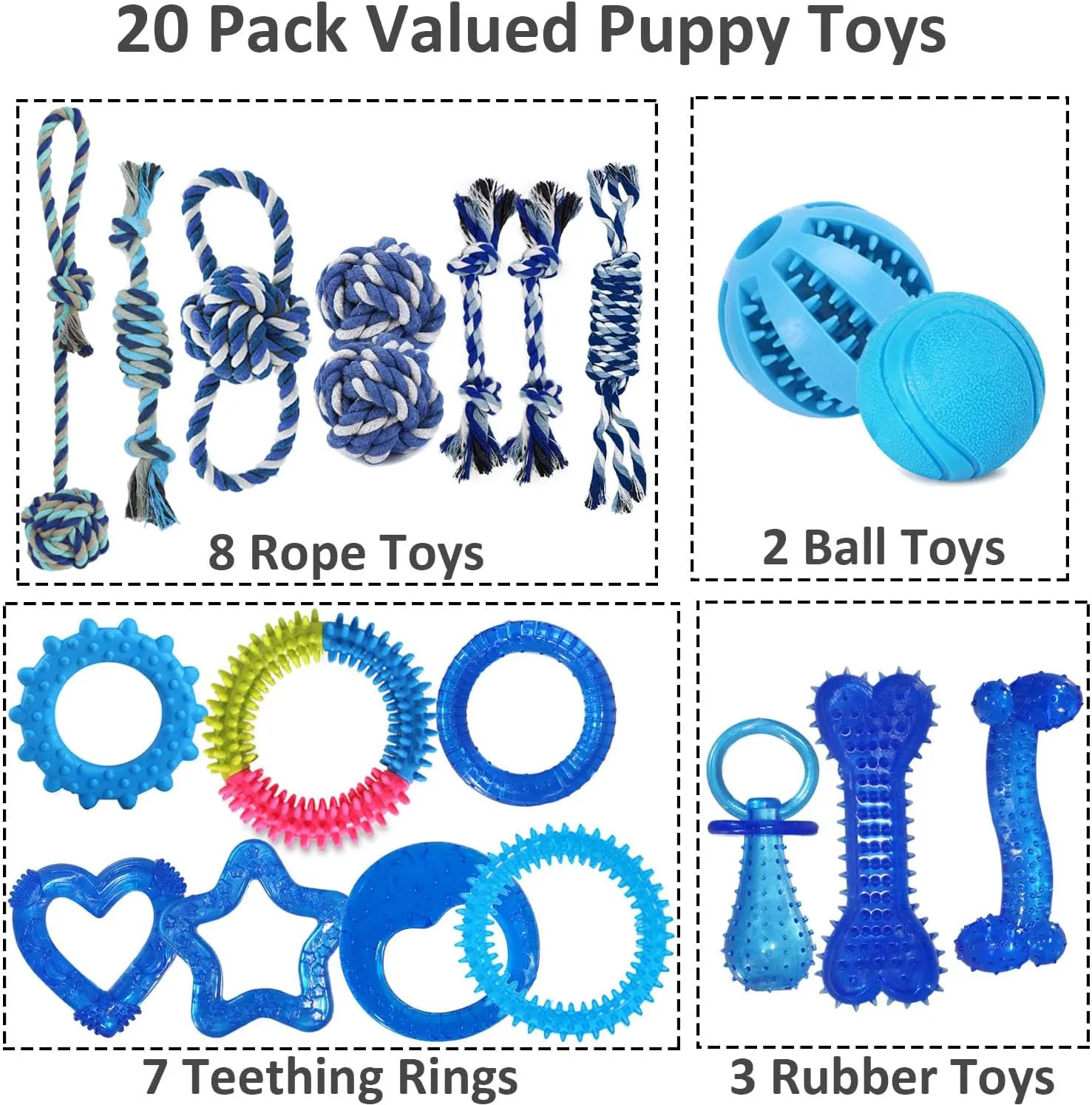 Puppy Toy Pack 20 Pcs, Blue Puppy Chew Toys Bundle, Rubber & Rope Teething Dog Toy for Small Breeds, Variety of Interactive Toy in Bulk for Puppies Playing Training & Endless Fun