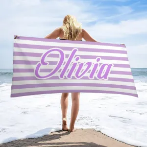 Purple and White Initial Beach Towel for Womens Mens Gift Customized Monogrammed Pool Towels Designer Fast Drying Striped Beach Towls for Toddler Boy Lake Day Must Haves Cabana Beach Towels