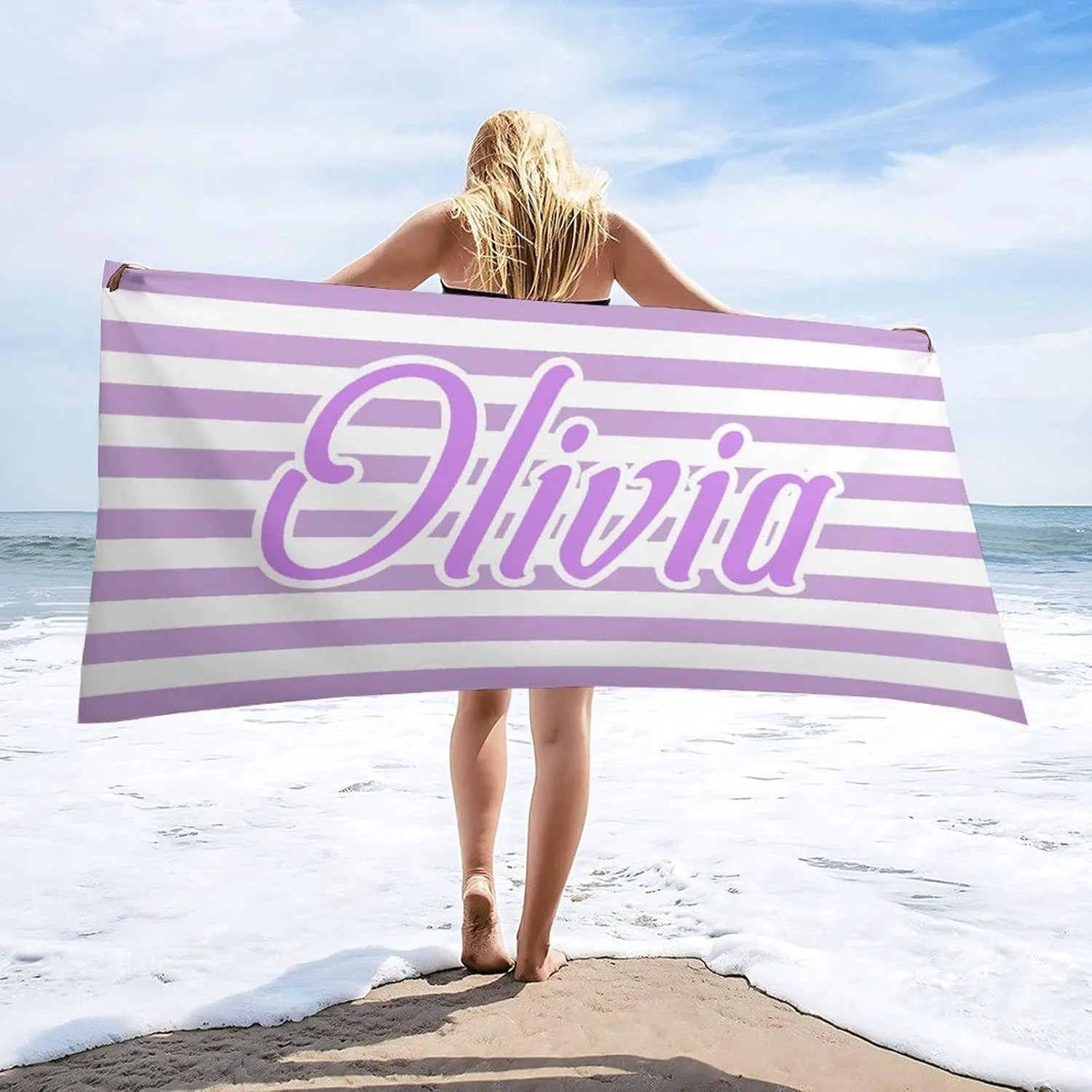Purple and White Initial Beach Towel for Womens Mens Gift Customized Monogrammed Pool Towels Designer Fast Drying Striped Beach Towls for Toddler Boy Lake Day Must Haves Cabana Beach Towels
