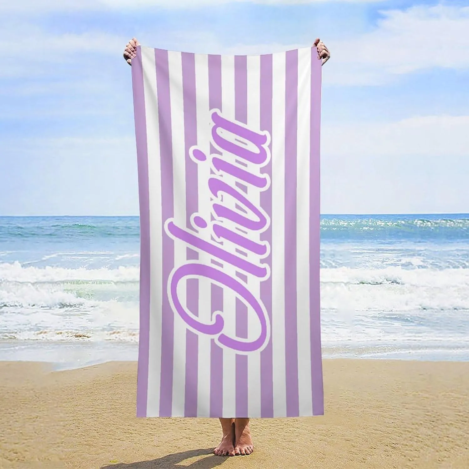 Purple and White Initial Beach Towel for Womens Mens Gift Customized Monogrammed Pool Towels Designer Fast Drying Striped Beach Towls for Toddler Boy Lake Day Must Haves Cabana Beach Towels