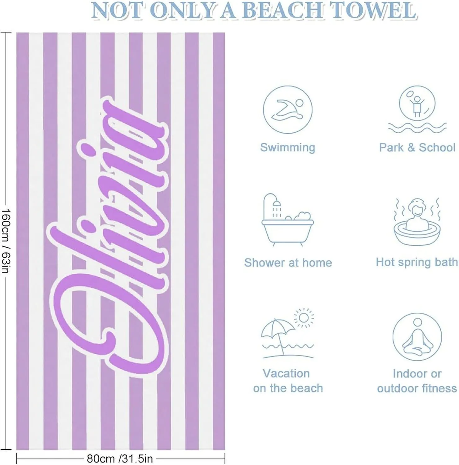 Purple and White Initial Beach Towel for Womens Mens Gift Customized Monogrammed Pool Towels Designer Fast Drying Striped Beach Towls for Toddler Boy Lake Day Must Haves Cabana Beach Towels