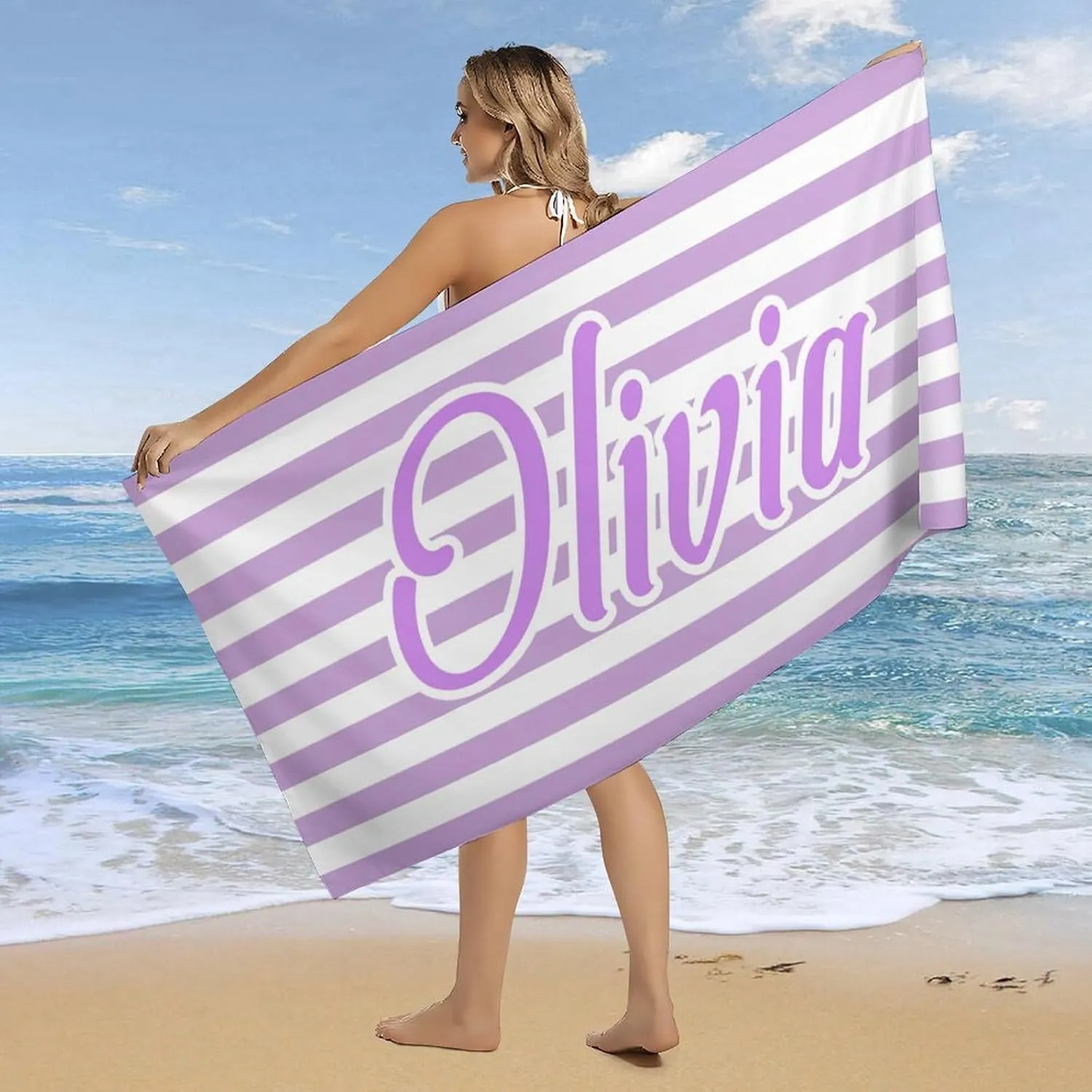 Purple and White Initial Beach Towel for Womens Mens Gift Customized Monogrammed Pool Towels Designer Fast Drying Striped Beach Towls for Toddler Boy Lake Day Must Haves Cabana Beach Towels