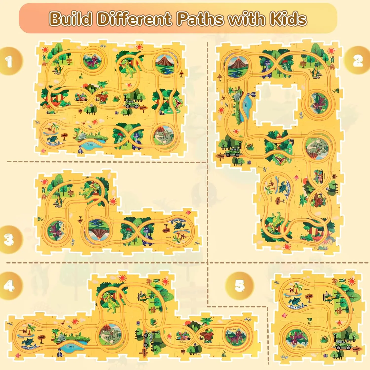 Puzzle Track Car Play Set with 12 Dinosaur Figures, Plastic Railcar Floor Puzzles for Kids Ages 3-5 with Vehicles, Toys Gifts for 3 4 5 6 Year Old Boys