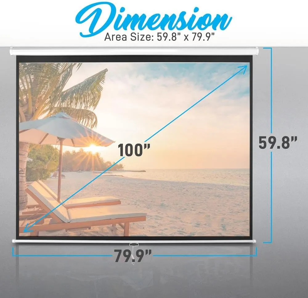 Pyle Manual Pull Down Projector Screen - Universal 100-inch Roll-Down Retractable Manual Screen w/ Auto-Locking, Adjustable Screen Height, Black Masking Border -Home PRJSM1006