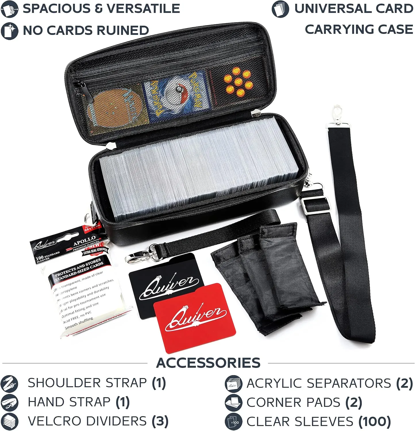 Quiver Time Black Bolt Card Carrying Case fits Pokemon Cards and Other TCG Games - Storage Bag for Playing/Trading Cards and Deck Box (Straps, Dividers & 100 Apollo Card Sleeves)