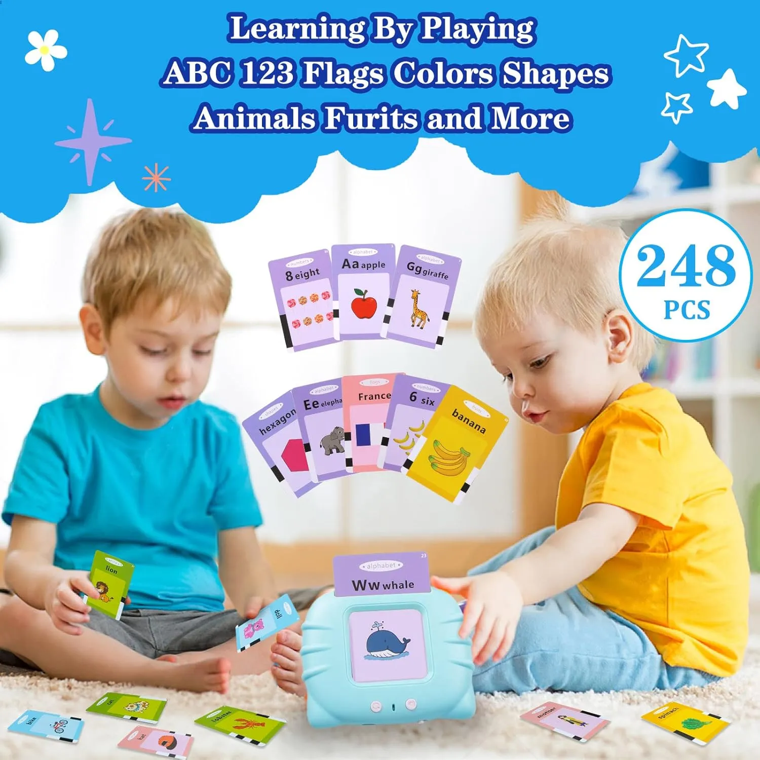 QuTZ ABC Talking Flash Cards for Toddlers 2-4, Autism Toys, Speech Therapy Toys, Educational ABC Learning Talking Sight Words Flash Cards Kindergarten for Boys and Girls, 248 Sight Words Blue