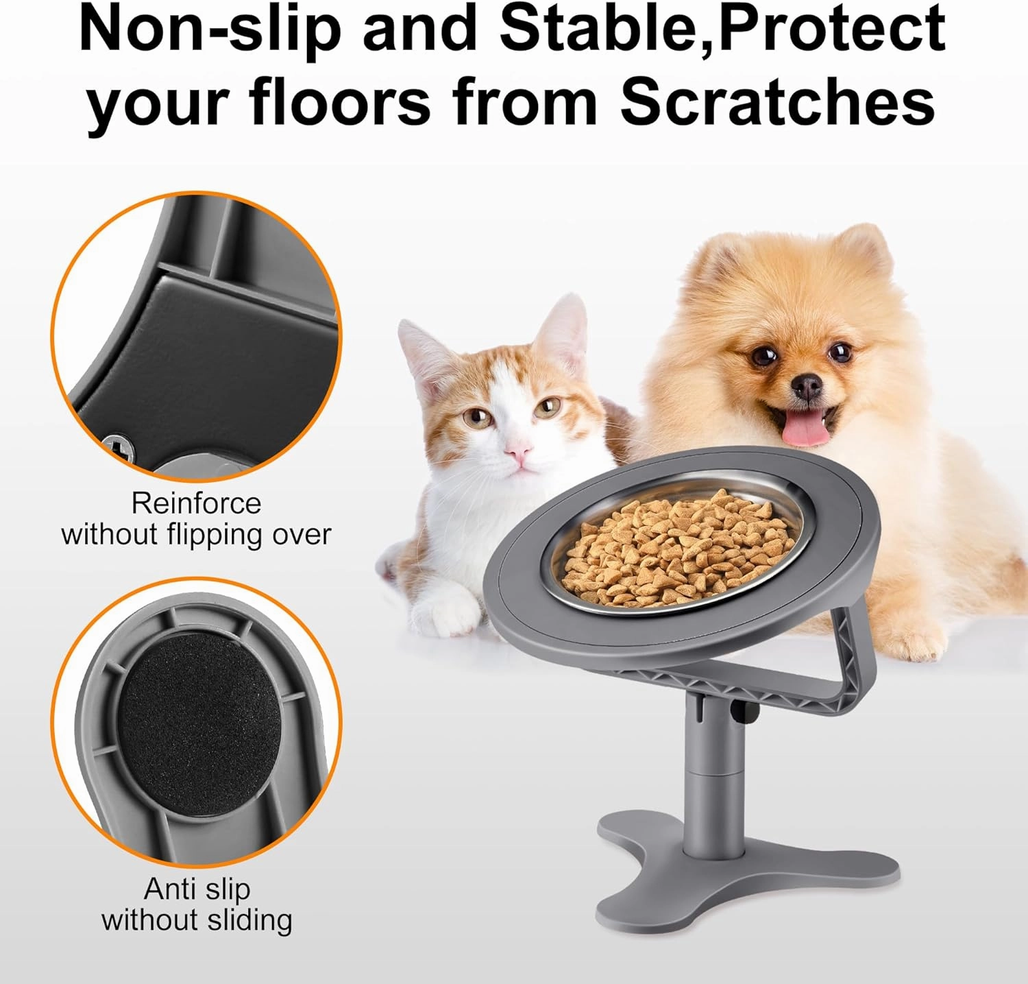 Raised Cat Bowls,Elevated Cat Bowls for Indoor Cats with Height-Adjustable Stand,Non-Slip Stainless Steel Bowl,15° Tilted Kitten Food Bowl(3-Pack, Grey)
