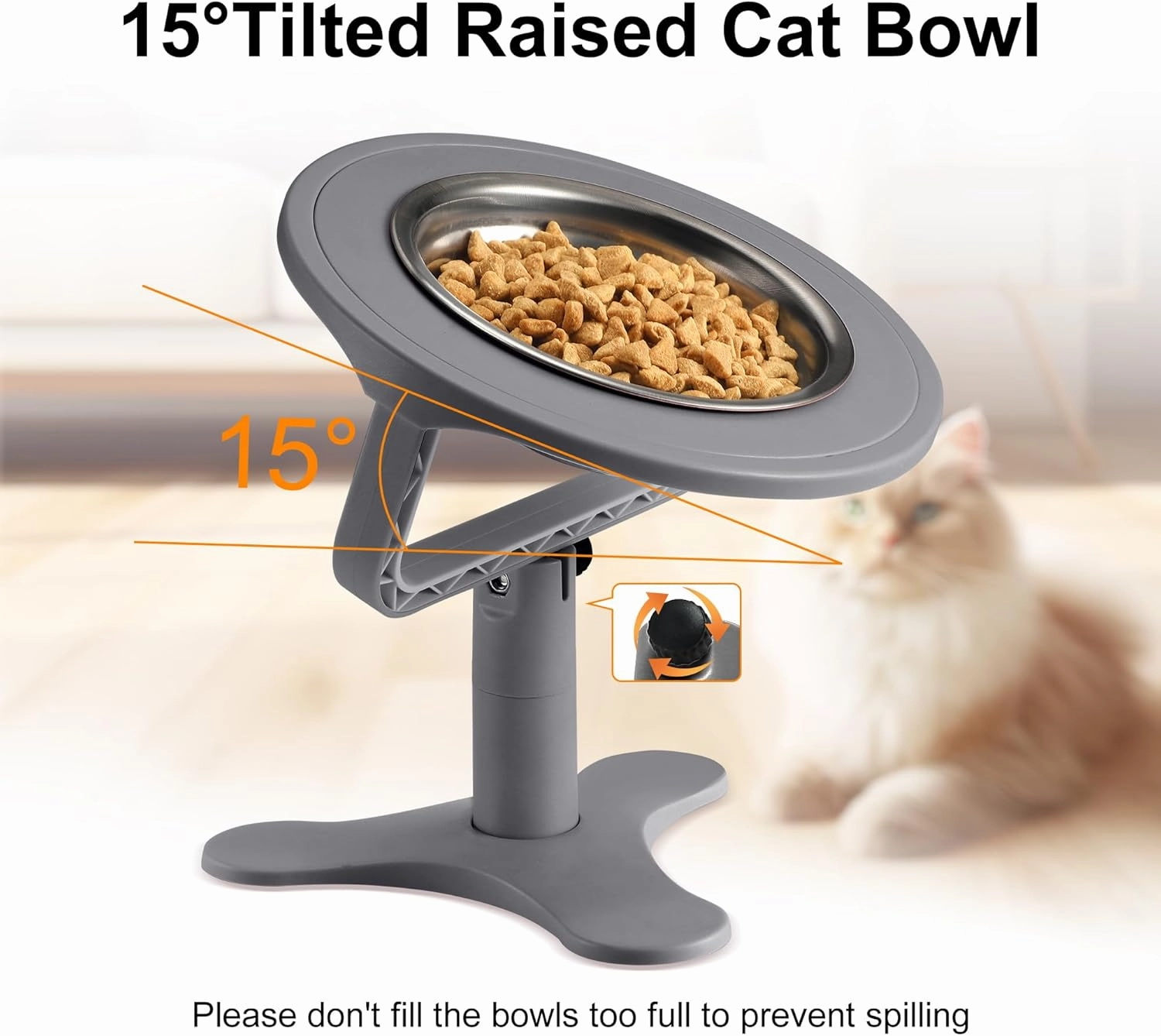 Raised Cat Bowls,Elevated Cat Bowls for Indoor Cats with Height-Adjustable Stand,Non-Slip Stainless Steel Bowl,15° Tilted Kitten Food Bowl(3-Pack, Grey)