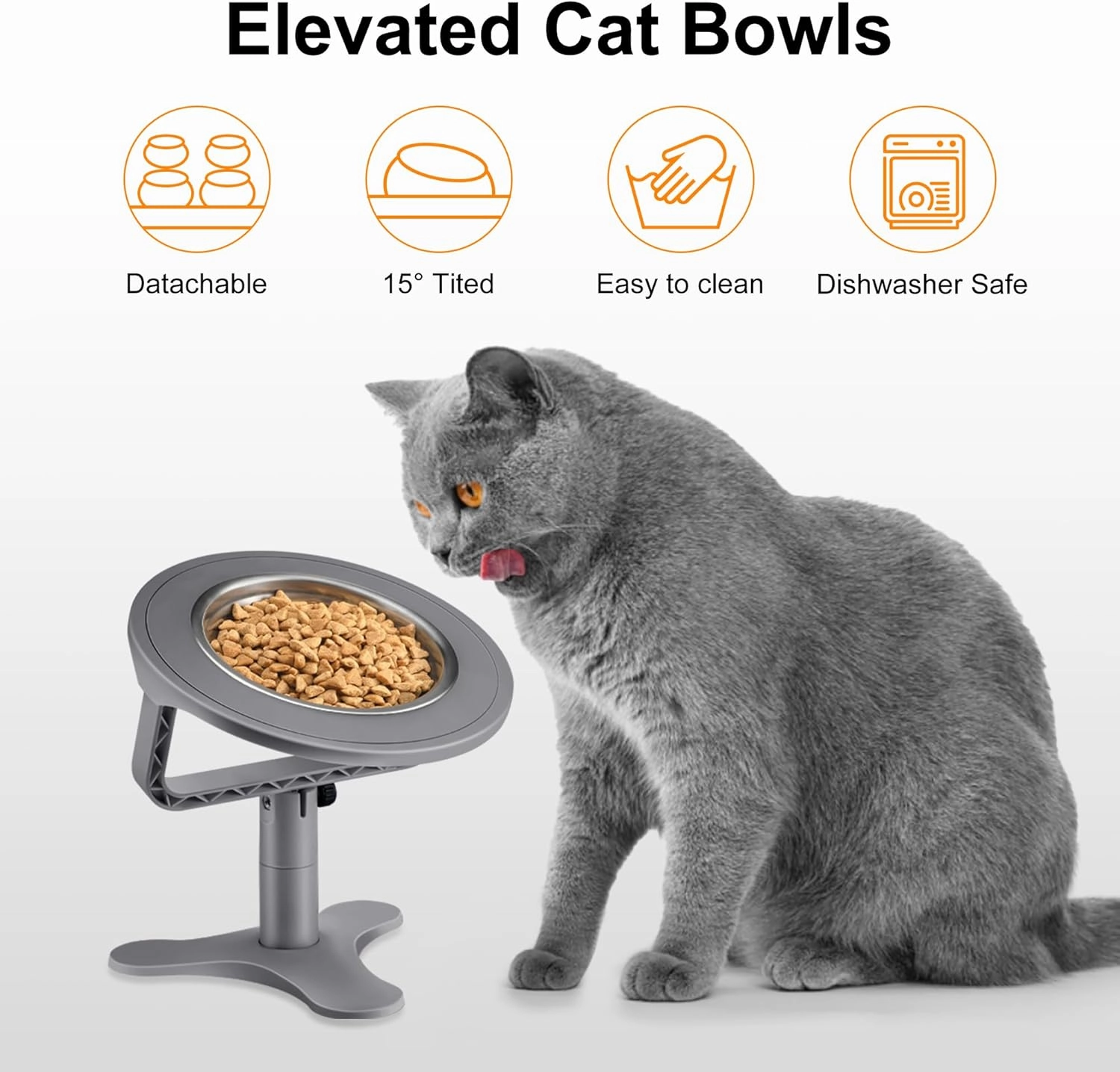 Raised Cat Bowls,Elevated Cat Bowls for Indoor Cats with Height-Adjustable Stand,Non-Slip Stainless Steel Bowl,15° Tilted Kitten Food Bowl(3-Pack, Grey)