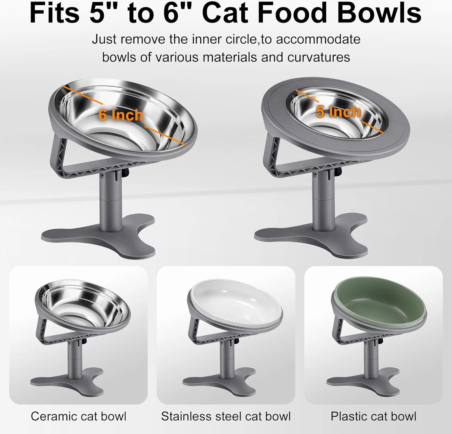 Raised Cat Bowls,Elevated Cat Bowls for Indoor Cats with Height-Adjustable Stand,Non-Slip Stainless Steel Bowl,15° Tilted Kitten Food Bowl(3-Pack, Grey)
