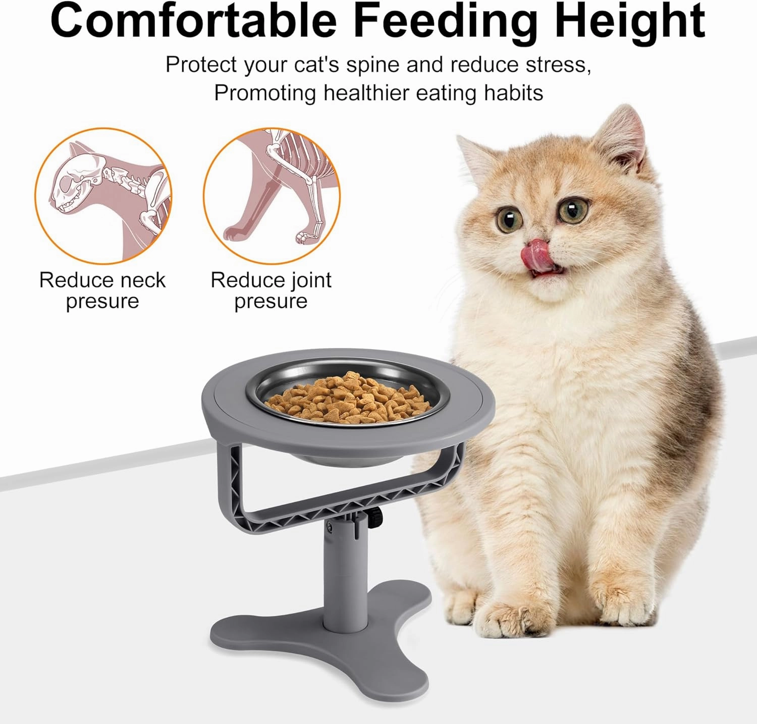 Raised Cat Bowls,Elevated Cat Bowls for Indoor Cats with Height-Adjustable Stand,Non-Slip Stainless Steel Bowl,15° Tilted Kitten Food Bowl(3-Pack, Grey)