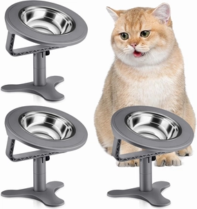 Raised Cat Bowls,Elevated Cat Bowls for Indoor Cats with Height-Adjustable Stand,Non-Slip Stainless Steel Bowl,15° Tilted Kitten Food Bowl(3-Pack, Grey)
