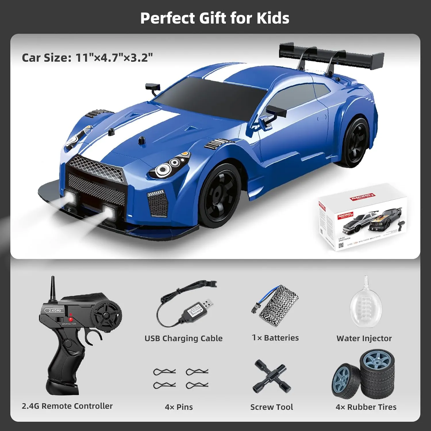 RC Drift Car 1/16 2.4GHz 4WD Remote Control Racing Car, 18KM/H  High Speed with Spray, Cool Lights, Extra Tires - Kids Toy