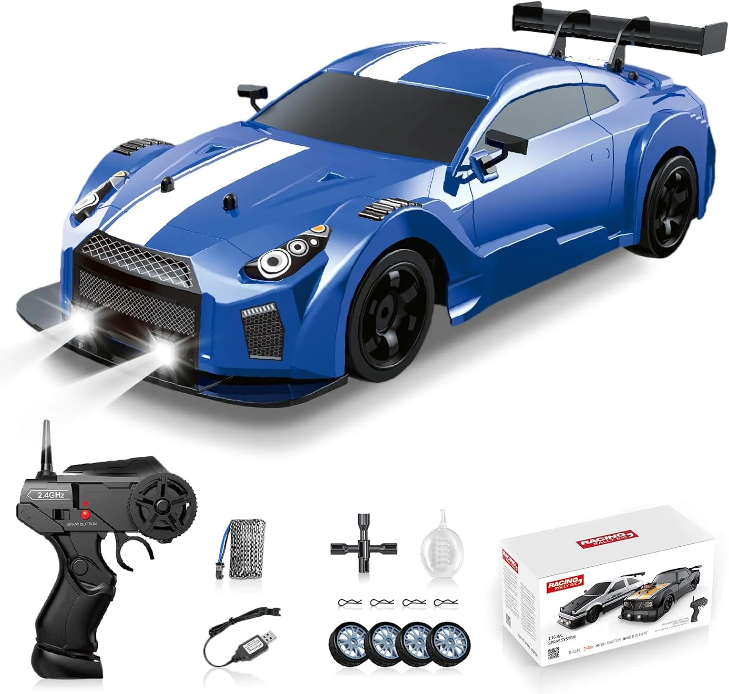 RC Drift Car 1/16 2.4GHz 4WD Remote Control Racing Car, 18KM/H  High Speed with Spray, Cool Lights, Extra Tires - Kids Toy