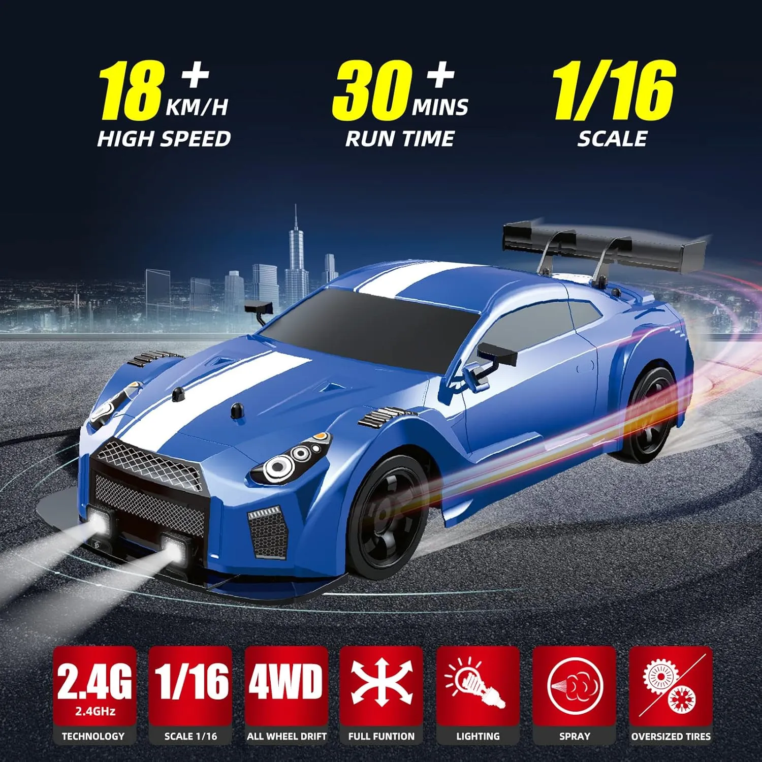 RC Drift Car 1/16 2.4GHz 4WD Remote Control Racing Car, 18KM/H  High Speed with Spray, Cool Lights, Extra Tires - Kids Toy