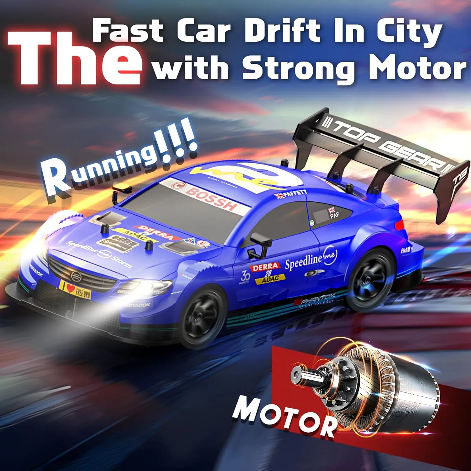 RC Drift Car, 1/16 Drifting RC Car 4WD 2.4GHz High Speed RC Cars for Adults Fast Remote Control Cars Blue Racing Vehicle with Lights Rechargeable Batteries Drifting Tire for Kids Boys