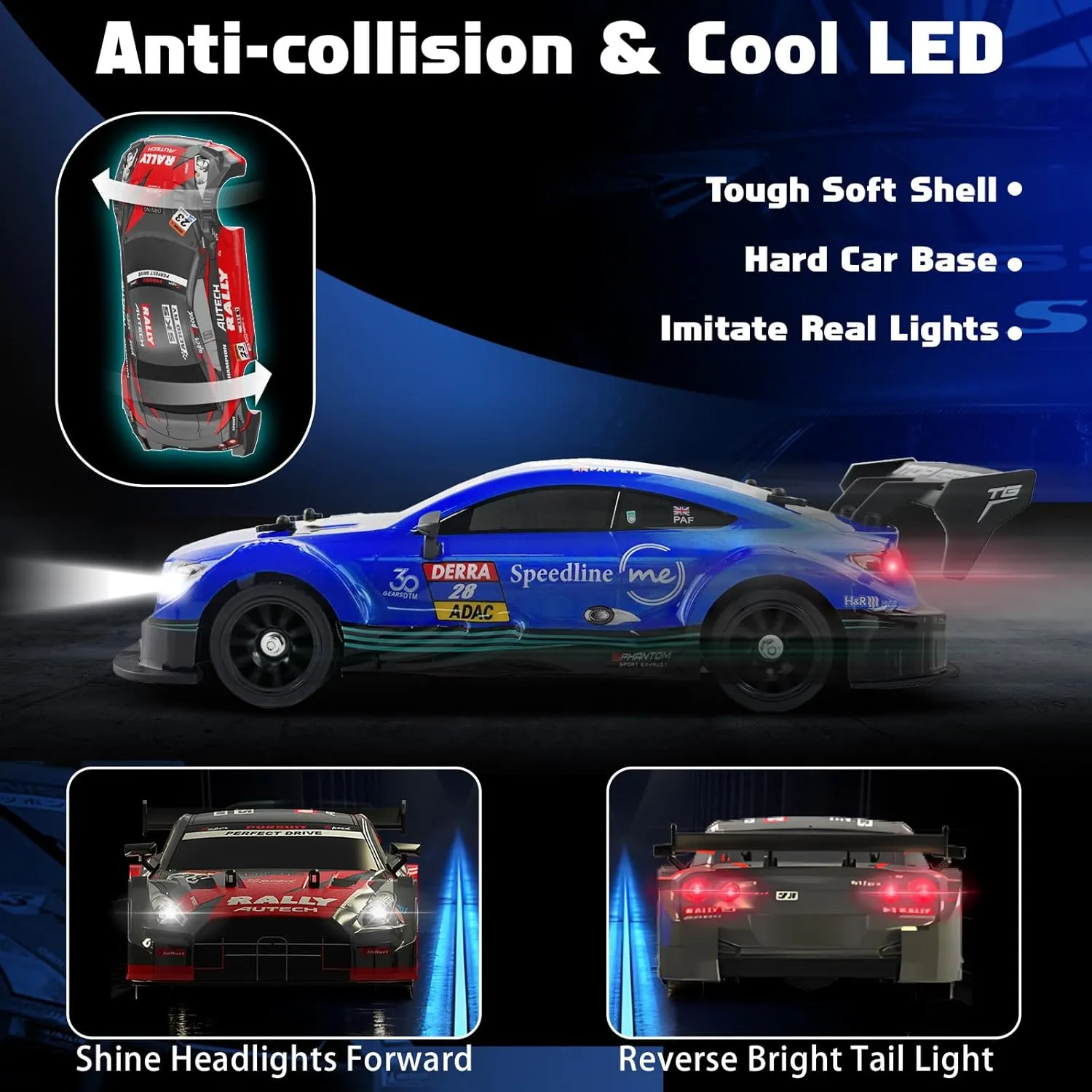 RC Drift Car, 1/16 Drifting RC Car 4WD 2.4GHz High Speed RC Cars for Adults Fast Remote Control Cars Blue Racing Vehicle with Lights Rechargeable Batteries Drifting Tire for Kids Boys