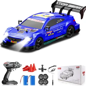 RC Drift Car, 1/16 Drifting RC Car 4WD 2.4GHz High Speed RC Cars for Adults Fast Remote Control Cars Blue Racing Vehicle with Lights Rechargeable Batteries Drifting Tire for Kids Boys