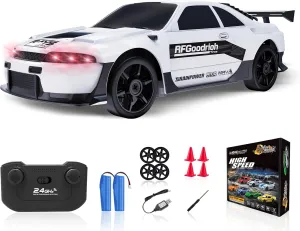 RC Drift Car, 1/24 2.4GHz Remote Control Car 4WD High Speed Drift RC Cars with LED Light, Two Rechargeable Batteries and Drift Tires for Kids Boys Girls and Adults, White