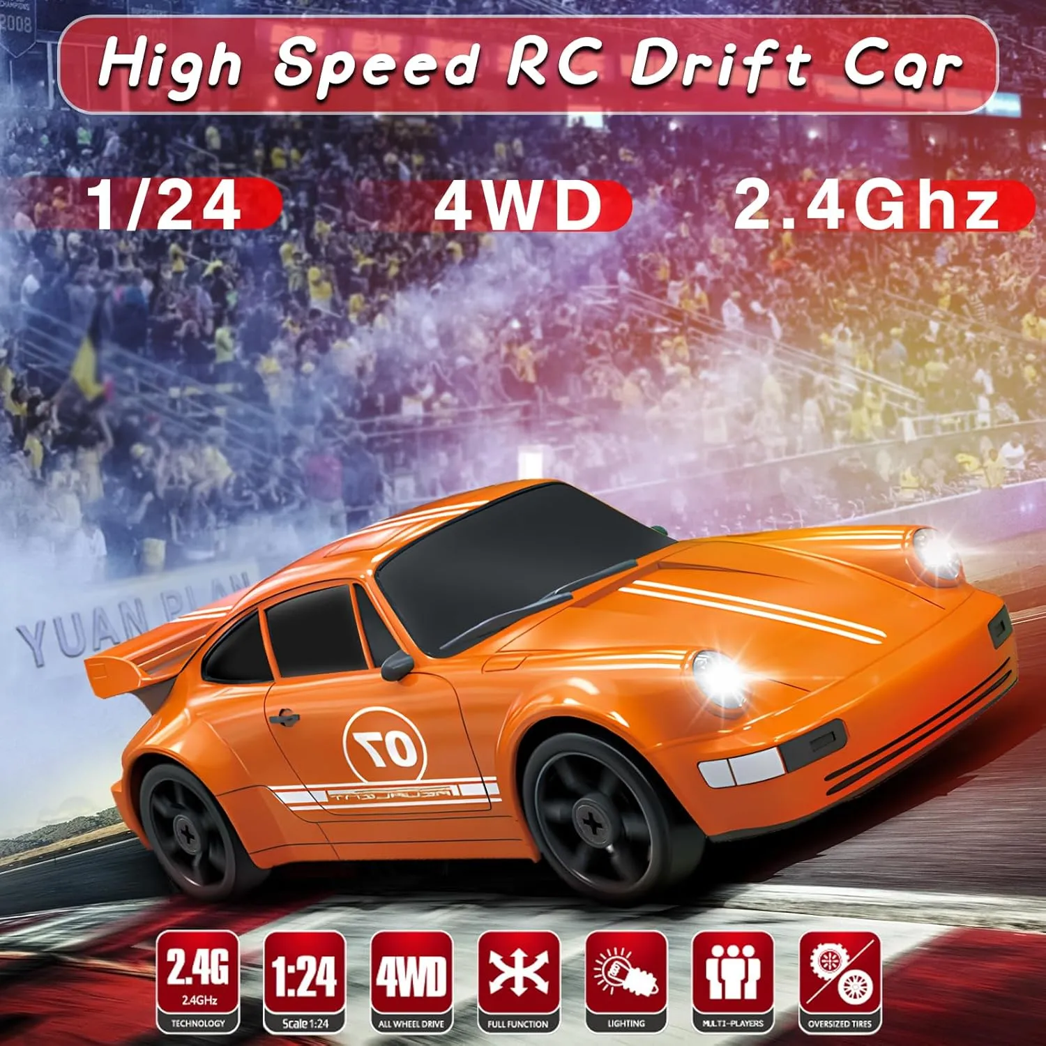 RC Drift Car 1/24 2.4GHz Remote Control Car 4WD High Speed Drifting RC Cars with Light Rechargeable Battery and Drift Tires Racing Cars Toys for Kids Adults Girl Boys, Orange