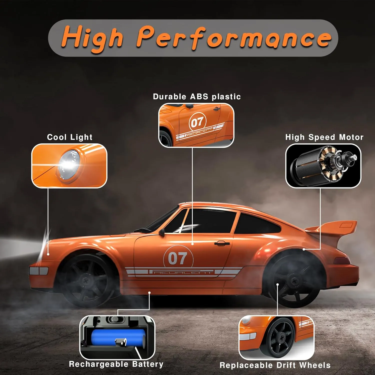 RC Drift Car 1/24 2.4GHz Remote Control Car 4WD High Speed Drifting RC Cars with Light Rechargeable Battery and Drift Tires Racing Cars Toys for Kids Adults Girl Boys, Orange