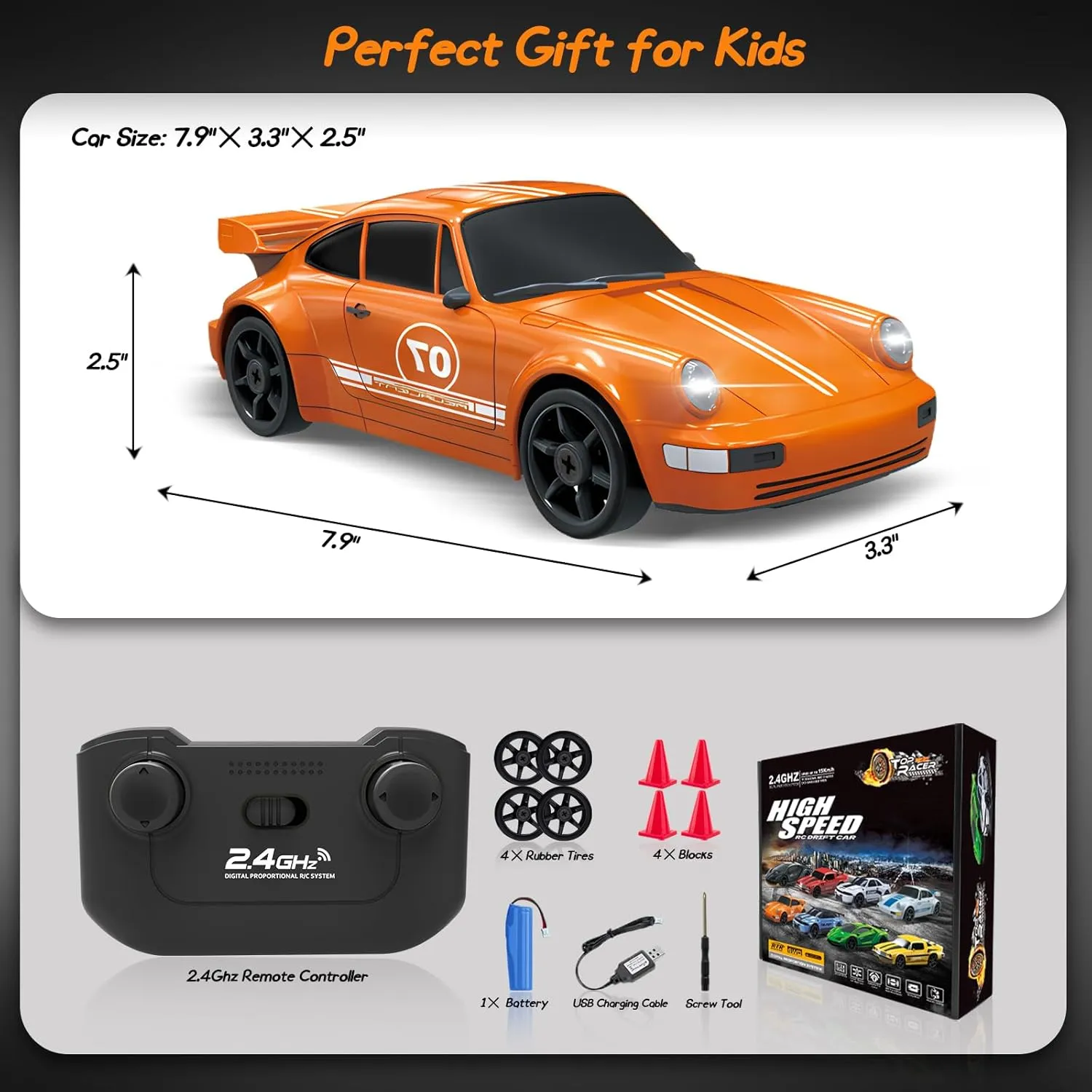 RC Drift Car 1/24 2.4GHz Remote Control Car 4WD High Speed Drifting RC Cars with Light Rechargeable Battery and Drift Tires Racing Cars Toys for Kids Adults Girl Boys, Orange