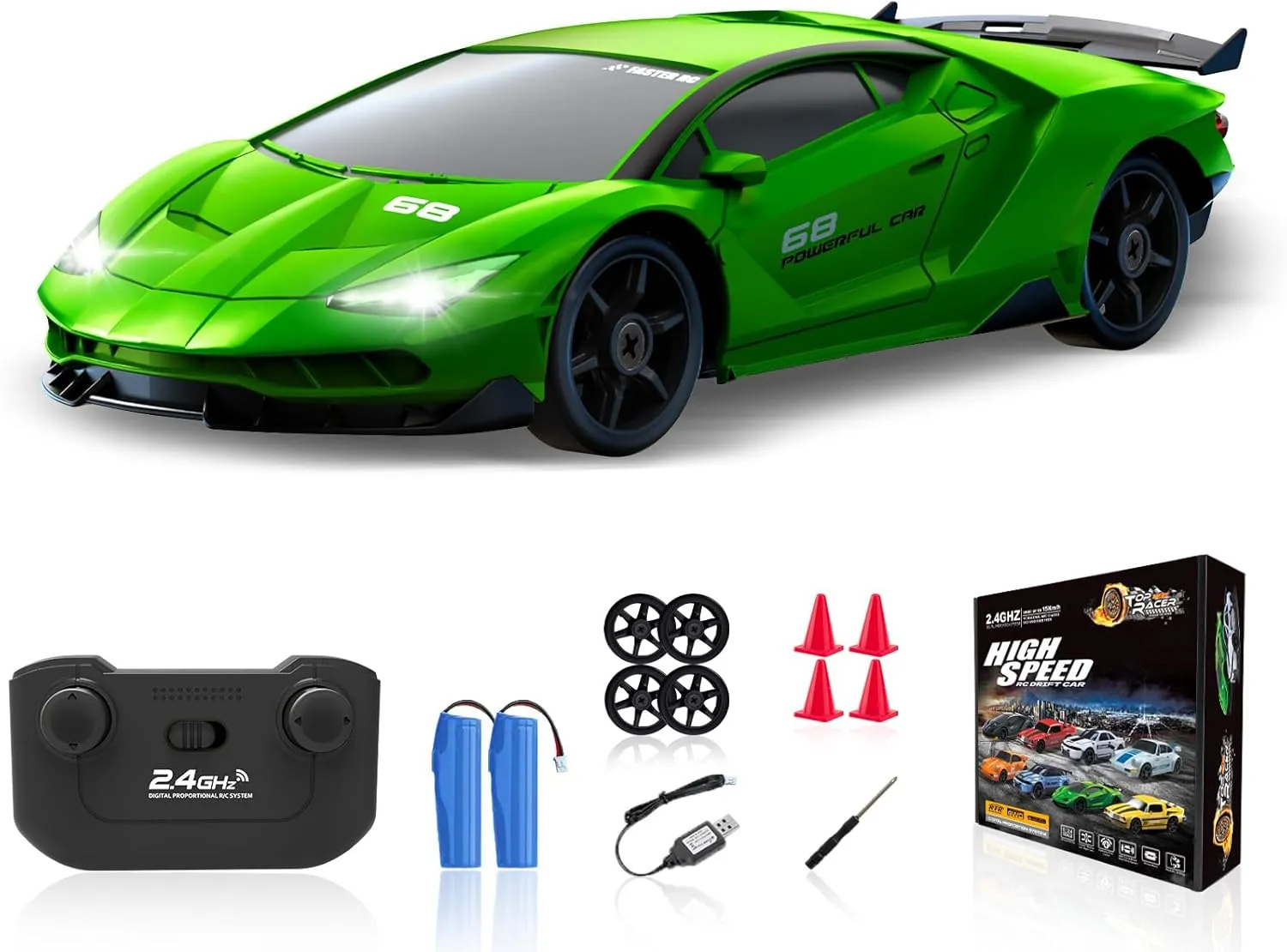RC Drift Car, 1/24 4WD Remote Control Car 2.4GHz High Speed Drift RC Cars with LED Light, Two Rechargeable Batteries and Drift Tires for Kids Boys Girls and Adults, Green