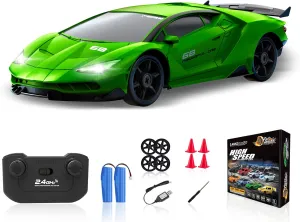 RC Drift Car, 1/24 4WD Remote Control Car 2.4GHz High Speed Drift RC Cars with LED Light, Two Rechargeable Batteries and Drift Tires for Kids Boys Girls and Adults, Green