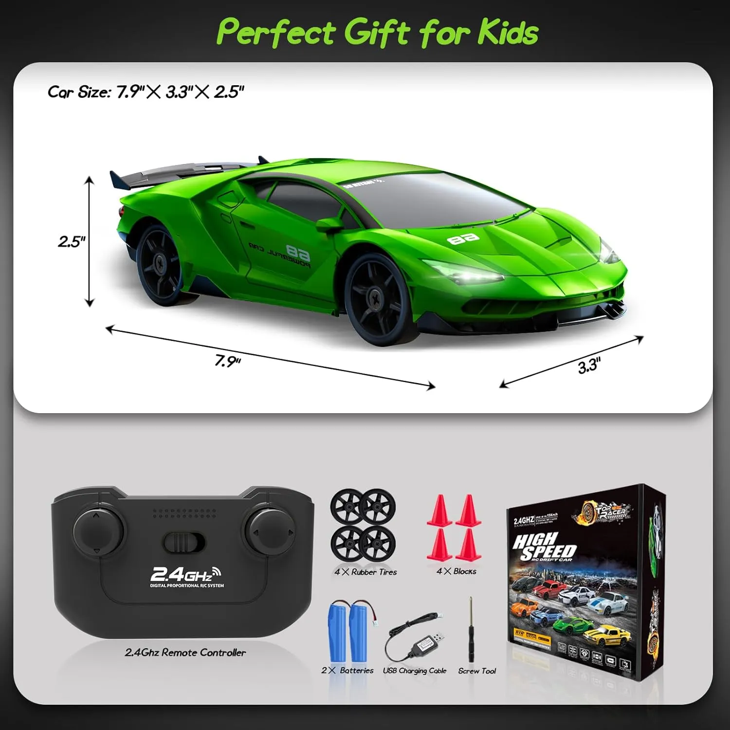 RC Drift Car, 1/24 4WD Remote Control Car 2.4GHz High Speed Drift RC Cars with LED Light, Two Rechargeable Batteries and Drift Tires for Kids Boys Girls and Adults, Green
