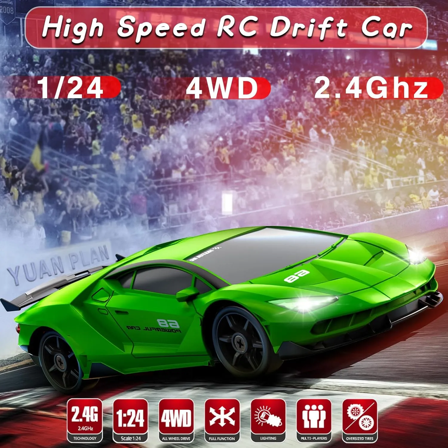 RC Drift Car, 1/24 4WD Remote Control Car 2.4GHz High Speed Drift RC Cars with LED Light, Two Rechargeable Batteries and Drift Tires for Kids Boys Girls and Adults, Green