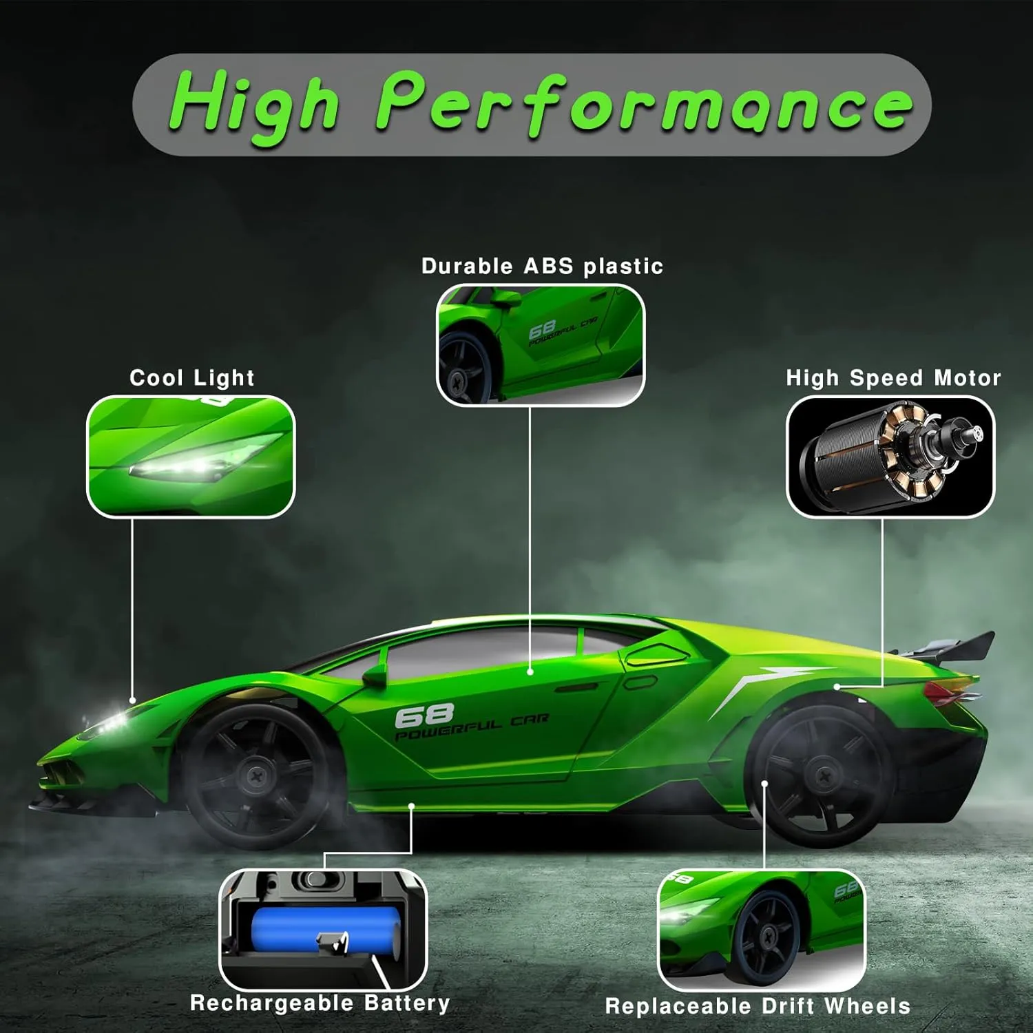 RC Drift Car, 1/24 4WD Remote Control Car 2.4GHz High Speed Drift RC Cars with LED Light, Two Rechargeable Batteries and Drift Tires for Kids Boys Girls and Adults, Green