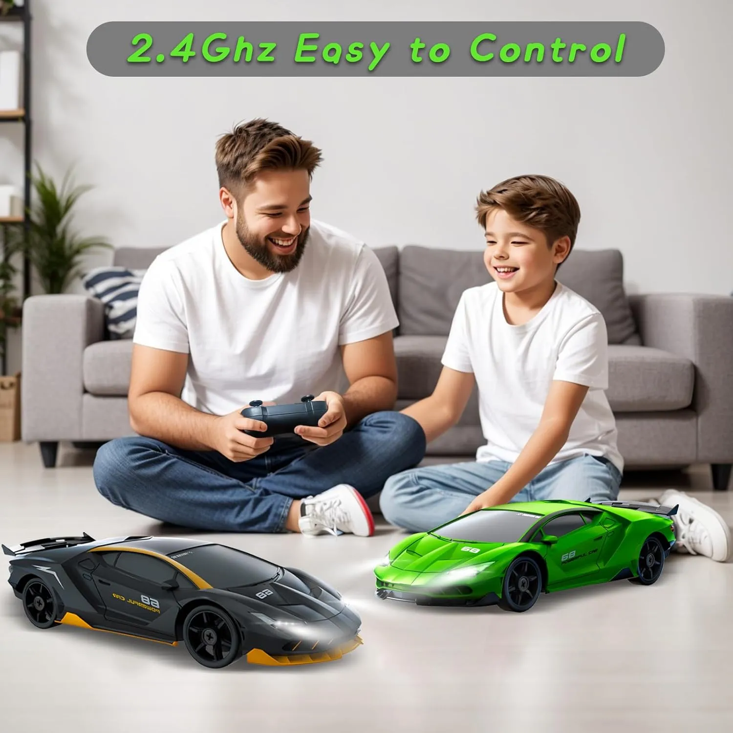 RC Drift Car, 1/24 4WD Remote Control Car 2.4GHz High Speed Drift RC Cars with LED Light, Two Rechargeable Batteries and Drift Tires for Kids Boys Girls and Adults, Green
