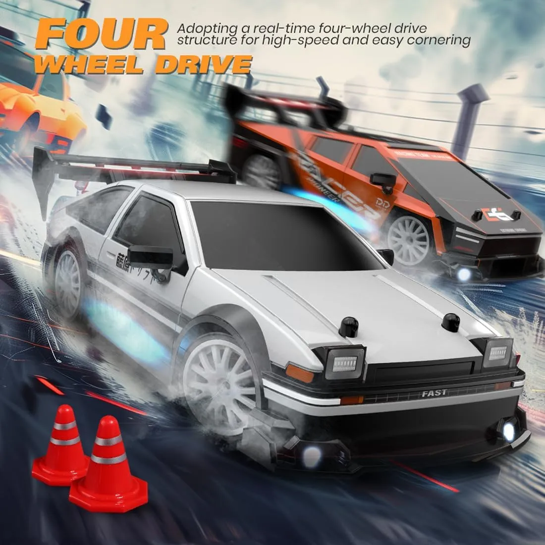 RC Drift Car, 1:24 Scale RC Race Car 4WD 2.4GHz 30KM/H High Speed Racing Sport Toy Car with LED Lights and Dritfing Tires, Racing Hobby Toy Car for Adults