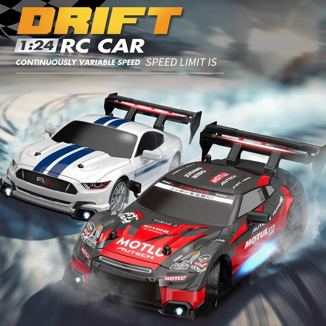 RC Drift Car, 1:24 Scale RC Race Car 4WD 2.4GHz 30KM/H High Speed Racing Sport Toy Car with LED Lights and Dritfing Tires, Racing Hobby Toy Car for Adults