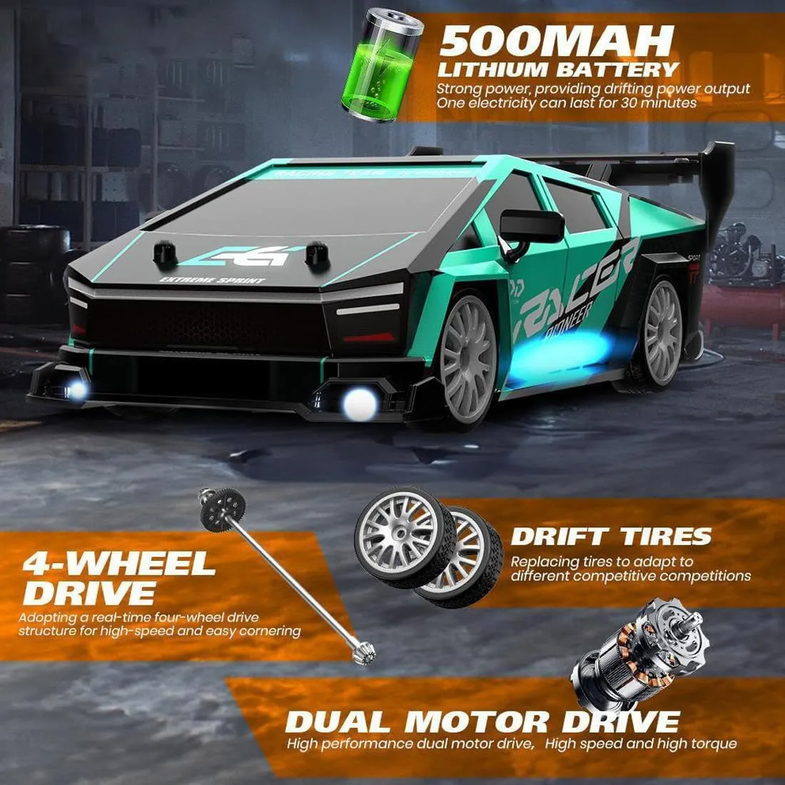 RC Drift Car, 1:24 Scale RC Race Car 4WD 2.4GHz 30KM/H High Speed Racing Sport Toy Car with LED Lights and Dritfing Tires, Racing Hobby Toy Car for Adults