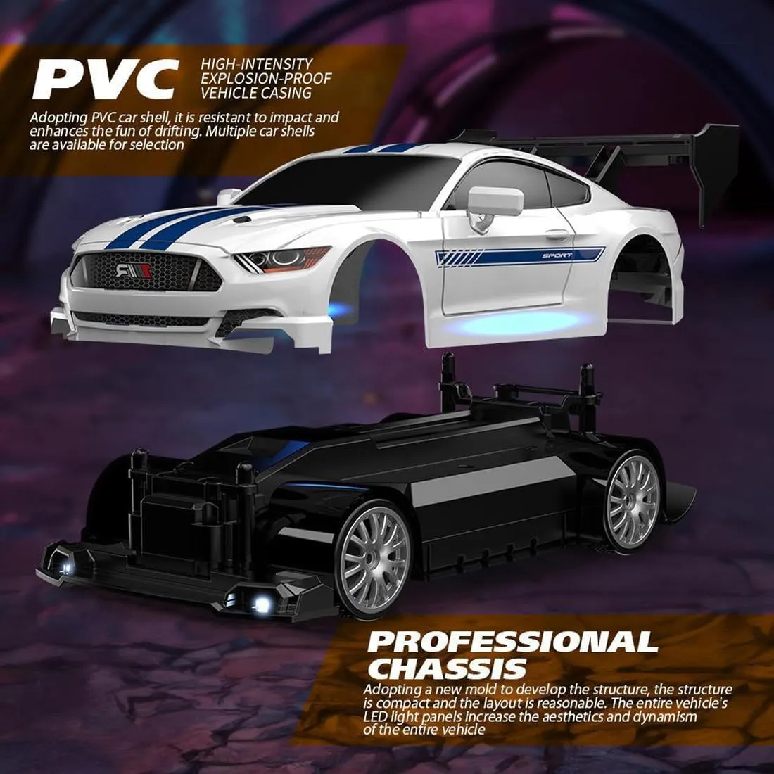 RC Drift Car, 1:24 Scale RC Race Car 4WD 2.4GHz 30KM/H High Speed Racing Sport Toy Car with LED Lights and Dritfing Tires, Racing Hobby Toy Car for Adults