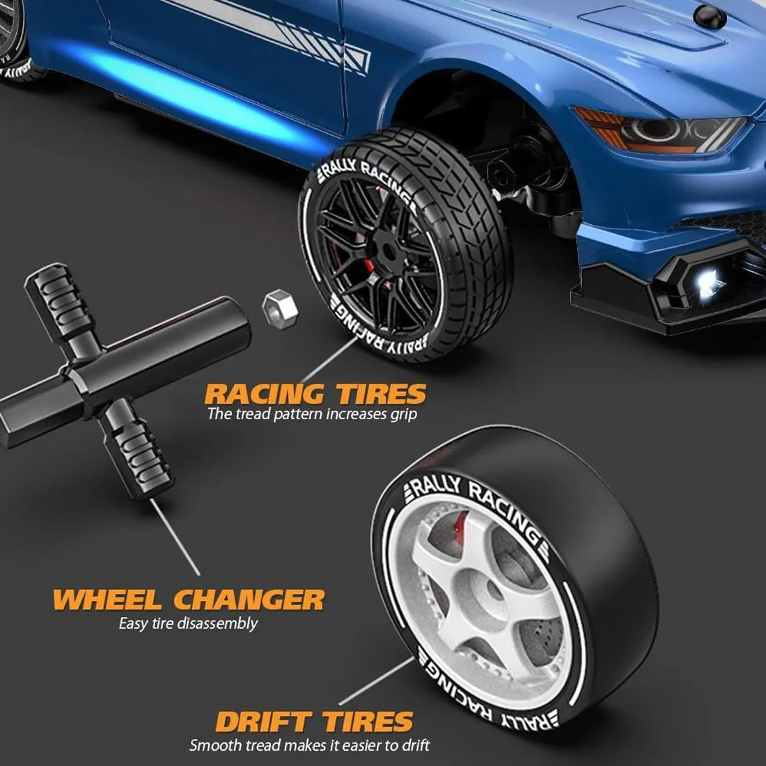 RC Drift Car, 1:24 Scale RC Race Car 4WD 2.4GHz 30KM/H High Speed Racing Sport Toy Car with LED Lights and Dritfing Tires, Racing Hobby Toy Car for Adults